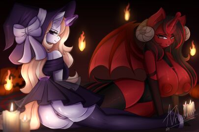 2girls anthro anthro_only ass big_breasts big_nipples big_thighs breasts breasts_out clothing costume demon demon_girl demon_horns dress duo duo_female halloween halloween_costume hat holidays horn horns huge_breasts huge_thighs legwear my_little_pony nipples pony pussy shirt_lift skirt skirt_lift stockings succubus succubus_horns succubus_wings unicorn wings witch witch_hat