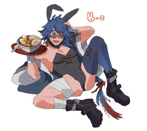 1boy arknights bandage blue_hair braid braided_ponytail bunny_boy bunny_ears bunnysuit choker cuntboy cuntboy_only embarrassed facial_hair glasses holding_object holding_plate intersex leotard lying_on_back male mr._nothing_(arknights) off_shoulder ramen round_glasses scar solo_male tagme ten_yen thighhighs wraps