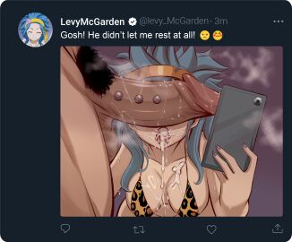 1boy after_fellatio animal_print bikini blue-haired_female blue_hair breasts cant_see_the_haters character_name cum cum_in_mouth cum_on_body cum_on_breasts cum_on_tongue english_text fairy_tail female gajeel_redfox highres huge_cock joshdinobarney large_breasts leopard_print levy_mcgarden male male_pubic_hair nail_polish penis penis_on_face penis_over_eyes penis_piercing piercing pubic_hair selfie selfie_with_penis steam stray_pubic_hair swimsuit text twitter twitter_screenshot twitter_username uncensored