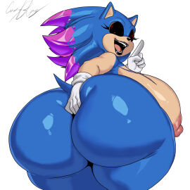 1girls areolae artist_signature ass ass_bigger_than_head big_ass black_lipstick black_sclera blue_fur breasts breasts_bigger_than_head breasts_out butt_digging crossgender crystal_hair cuernosblancos digging_up_in_they_ass female female_focus female_only gloves hedgehog large_breasts light-skinned_female looking_at_viewer looking_back mtf_crossgender nude nude_female red_eyes solo solo_female solo_focus sonic.exe sonic.exe_(series) sonic_(series) thick_thighs white_background wide_hips xenophanes_sonic