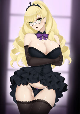 1futa arms_crossed balls big_breasts black_dress black_eyeshadow black_lipstick black_makeup blonde_hair breast_expansion breast_growth breast_growth_(enlargement) breasts bulge bulge_through_clothing chastity chastity_cage color dickgirl dress eyeshadow female futanari goth goth_girl goth_makeup gothic green_eyes huge_breasts intersex jesscatg lipstick makeup micropenis original original_character panties penis princess small_penis solo thick_thighs thighhighs thin_waist tiara