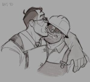 2boys :3 ;3 arm_around_neck boyfriends couple cute duo duo_focus engineer_(team_fortress_2) gay ifyunoyuno licking_cheek love male male_only medic_(team_fortress_2) old_male old_men older_male side_hug side_view silly team_fortress_2 yaoi