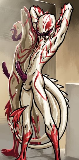 2024 balls bodily_fluids colored cum cum_on_penis digital_media_(artwork) erection full-length_portrait genital_fluids genitals hands_behind_head hi_res humanoid knot leaking_cum long_tongue looking_at_viewer male marvel marvel_comics max_(maxspite) maxspite mirror nude open_mouth penis pinup portrait pose solo solo_male spite_(maxspite) symbiote tail teeth tongue tongue_out