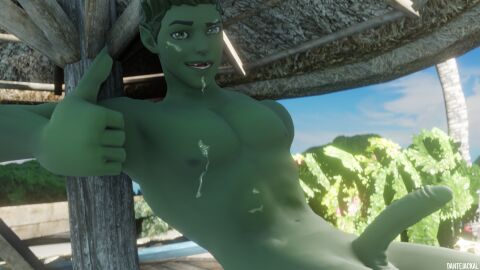 beast_boy beast_boy_(fortnite) covered_in_cum cum cumming dantejackal dc dc_comics fortnite fortnite:_battle_royale fortnite_(dc_comics) gay green green_body green_hair green_skin grey_eyes male yaoi