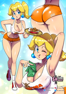 ass ass_focus blonde_hair blue_eyes breasts chicken_wings cleavage convenient_breasts crop_top earrings female hooters hooters_uniform large_breasts mario_(series) money money_in_cleavage ponytail princess_peach sasatseng shoes shorts smiling socks super_mario_bros. victoria's_secret_compartment wink
