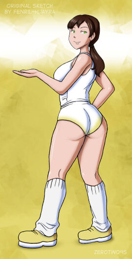 1girls ass breasts brown_hair female green_eyes jill_valentine looking_at_viewer medium_breasts ponytail resident_evil shoes short_shorts shorts socks tank_top white_shorts white_tank_top zerotwo9s