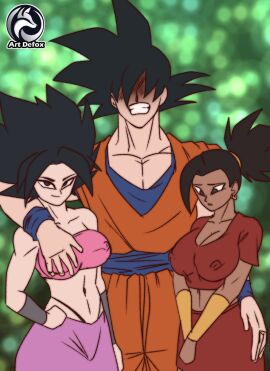 1boy 2girls artdefox bare_arms bare_shoulders big_breasts black_hair breasts caulifla color dragon_ball dragon_ball_super erect_nipples_under_clothes female grabbing_breasts hand_on_breast hi_res kale large_breasts light-skinned_female light_skin long_hair male male/female multiple_females multiple_girls nipples_visible_through_clothing pimp son_goku thick_thighs