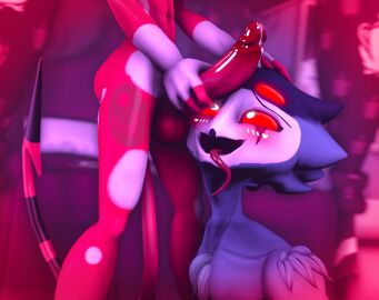 3d absurd_res anthro avian balls bird blitzo_(helluva_boss) blush bodily_fluids demon digital_media_(artwork) duo genital_fluids genitals hair helluva_boss hi_res imp male male/male nude odoody owl owl_demon penis red_body red_eyes smile source_filmmaker_(artwork) stolas_(helluva_boss) tail watermark