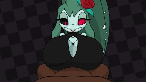 1boy 1girls animated anthro anthro_on_anthro beat_banger black_dress bored breasts brown_fur checkered_background faceless_male female female_pokemon green_skin hands-free_paizuri istole lipstick looking_down male mawile nintendo olivia_(r-mk) original original_character paizuri paizuri_under_clothes pokemon pokemon_(species) pov r-mk rose sharp_teeth simple_background source_request stitches titjob undead uninterested year_request zombie zombie_girl