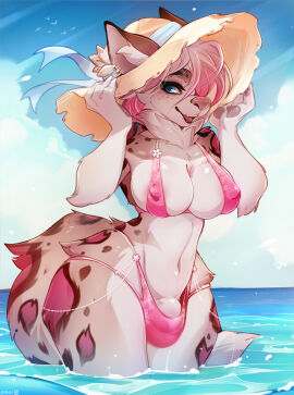 ambient_bird ambient_flier anthro areola areola_slip belly big_breasts bikini biped blue_eyes breasts bulge canid canine cherry_blossom clothing cloud day detailed_background detailed_bulge digital_media_(artwork) ear_piercing fingerpads flower fur futa_anthro futanari genitals hair hat headgear headwear hi_res hyena intersex intersex_anthro looking_at_viewer mammal nipple_outline outside partially_submerged pawpads penis penis_base piercing pink_hair pink_pawpads plant prunus_(flower) sea seaside sky skyscape smile solo spirale spotted_hyena swimwear tail thick_thighs water