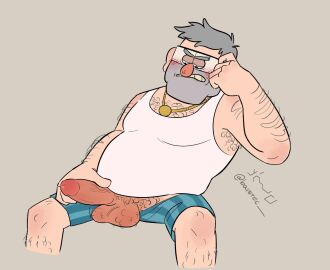 armpit_hair balls blush body_hair chest_hair dilf embarrassed erection glasses gold_jewelry gravity_falls grey_hair hairy_balls looking_at_penis male male_only penis precum pubic_hair solo stanley_pines tank_top testicles touching_penis