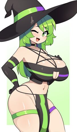 1girls armwear big_breasts breasts cleavage commission crop_top female female_only green_hair hi_res j5daigada loincloth long_hair looking_at_viewer oerba_yun_fang open_mouth smiling smiling_at_viewer solo thick_thighs thigh_strap wink winking_at_viewer witch_hat
