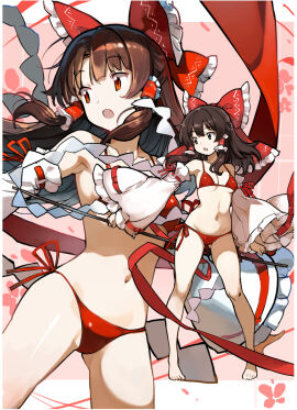 1girls asakuramaru bikini breasts brown_hair digital_media_(artwork) female female_only medium_breasts red_bikini reimu_hakurei shrine_maiden skinny sleeves touhou twitter_link