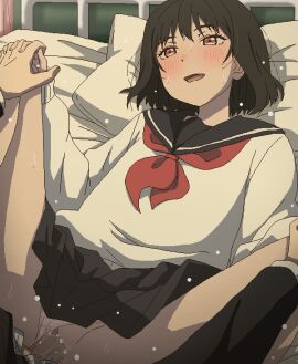 1boy :d bed_sheet black_hair black_sailor_collar black_skirt blush censored clothed_sex clothes_lift clothing_aside female indoors long_sleeves lying male miniskirt mosaic_censoring neckerchief on_back osanai_yuki panties panties_aside penis pillow pleated_skirt pussy red_neckerchief sailor_collar school_uniform serafuku sex short_hair shoushimin_series skirt skirt_lift smile solo_focus spread_legs straight straight_hair sweatdrop sweater tomu_(tomubobu) underwear vaginal_penetration white_panties white_sweater yellow_eyes