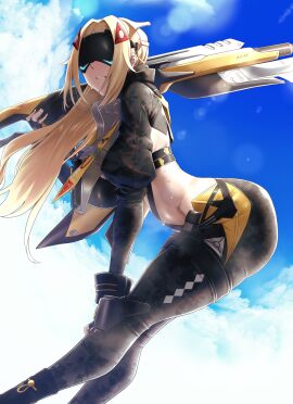1girls ass bent_over big_ass big_breasts blonde_hair breasts cloud female female_only gun png rifle shiroshisu sky solo sweat sweaty_body thick_thighs trigger_(zenless_zone_zero) visor weapon wide_hips zenless_zone_zero
