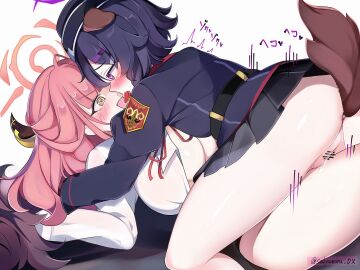 2girls animal_ears aru_(blue_archive) ass bar_censor big_breasts blue_archive breasts butt_plug censored dog_ears dog_tail female hair_ornament hairclip halo haruka_(blue_archive) hat heart heart-shaped_pupils highres horns large_breasts licking military_uniform multiple_females multiple_girls no_panties open_mouth purple_eyes purple_hair pussy pussy_juice sakyumiru sex_toy shirt simple_background symbol-shaped_pupils tail thick_thighs thighs tongue tongue_out white_background white_shirt yellow_eyes