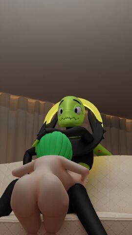 2021 3d back_view blender blowjob breasts couch female fuku_(squidly) green_eyes green_hair green_skin holding_head huge_breasts huge_cock living_room male morpheus_(squidly) penis shortstack sitting squidly white_skin