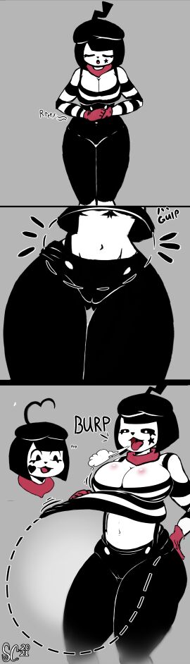 2girls belly belly_expansion big_breasts bonbon_(derpixon) breasts burping chuchu_(derpixon) female invisible_belly large_breasts mime mime_and_dash mime_girl miming_vore relieved roaring_stomach spaghetticultists stripper unique_style vore