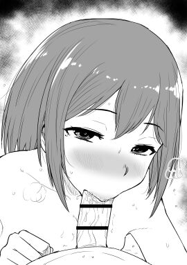 1boy absurdres bar_censor blush censored completely_nude curved_to_the_right_penis fellatio female highres kaiman_garupan looking_at_viewer male medium_hair nijisanji nude oral penis saliva shizuka_rin straight sweat twitching_penis veins veiny_penis virtual_youtuber