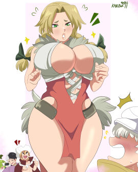 2girls 3boys absurdres asagiri_gen black_hair blonde_hair blush braid breasts cleavage dr._stone dr.stone female green_eyes hanada_nikki hat highres karbuitt large_breasts male multicolored_hair multiple_boys multiple_females multiple_girls multiple_males nanami_ryusui profile saionji_ukyo short_hair signature solo_focus suika_(dr.stone) thick_thighs thighs twin_braids two-tone_hair white_hair white_hat