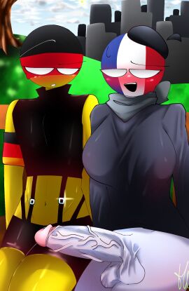 1boy 1futa 44waa29304 background bandana barely_visible_nipples beret big_breasts big_penis blush bottomless_futa breasts clothed clothing countryhumans countryhumans_girl erection female feminine_male france france_(countryhumans) fully_clothed fully_clothed_male futa_on_male futanari german_flag germany_(countryhumans) hourglass_figure huge_cock human humanoid intersex looking_at_penis looking_down male nipples_visible_through_clothing pantless partially_clothed partially_clothed_futa penis public public_nudity raised_eyebrow scarf self_upload showing_penis sitting sweatdrop tagme veiny_penis white_body white_penis white_skin yellow_body yellow_skin