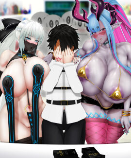 1boy 2girls 3d background_characters black_hair blue_hair breast_curtains breasts condom crowd fate/grand_order fate_(series) female fishnets fujimaru_ritsuka_(male) grey-skinned_female grey_body grey_skin hiding_face ibuki_douji_(fate) ibuki_douji_(swimsuit_berserker)_(fate) light-skinned_female light-skinned_male light_skin male male_silhouette micro_bikini morgan_le_fay_(fate) negakura_imu pelvic_curtain pov revealing_clothes silhouettes skimpy_clothes slave_outfit tagme veil white_hair