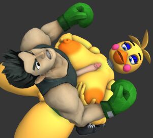 1boy 1girls 3d angry_face animatronic beak big_breasts bird boxers boxing_gloves breasts crossover eastern_and_western_character female five_nights_at_freddy's five_nights_at_freddy's_2 furry furry_female horn human little_mac male muscular muscular_male nintendo nude nude_female paizuri punch_out pussy robot robot_girl runaboo_chica seductive_look sex straight toy_chica_(fnaf)