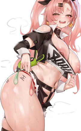 absurdres amillion_(zenless_zone_zero) ass belly black_shorts black_sleeves blush body_writing breasts commentary condom cunning_hares detached_sleeves drooling earrings female green_eyes heart heart_earrings highres huge_breasts hyuk_(yeayeo) jewelry long_hair long_sleeves looking_at_viewer mole mole_on_breast mole_under_eye navel nicole_demara nipple_slip nipples one_breast_out open_mouth panties pink_hair red_panties short_sleeves shorts simple_background smile solo stomach strapless sweat teeth thighs tube_top two_side_up underwear used_condom white_background white_tube_top zenless_zone_zero