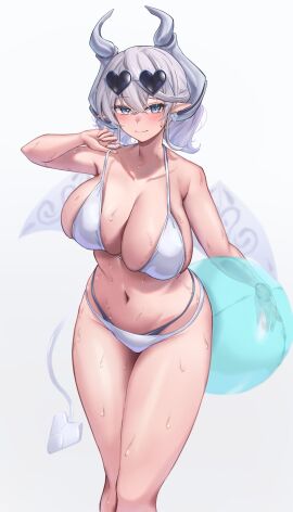 bikini blush breasts demon demon_girl duel_monster female glasses heart hi_res horn huge_breasts labrynth_of_the_silver_castle looking_at_viewer lovely_labrynth_of_the_silver_castle punchneko silver_eyes summer sweat tail voluptuous white_background white_hair yu-gi-oh!