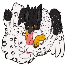 anus avian beak blush bodily_fluids feathered_wings feathers feral genitals gryphon knot male mythological_avian mythological_creature mythology oral penis presenting_hindquaters solo symrea tarchun_(eueaglehawk) telegram_sticker white_body wings yellow_eyes