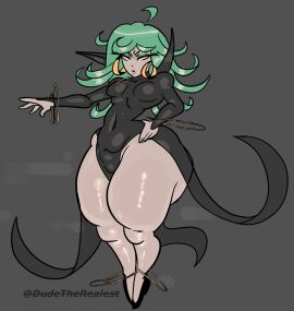 ass ass_bigger_than_head belly belly_button big_ass big_earrings big_thighs body_jewelry bottom_heavy bracelet bracelets brat bratty breasts clothed clothed_female dudetherealest female green_eyes green_hair hourglass_figure huge_ass huge_thighs one-punch_man small_breasts small_tits solo solo_female solo_focus stomach tatsumaki voluptuous voluptuous_female