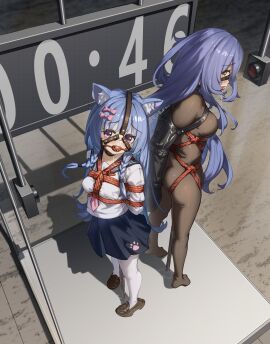 2girls absurdres animal_ear_fluff animal_ears armbinder arms_behind_back ball_gag blue_hair bodysuit bondage bound braided_twintails breasts collar collared_shirt commentary_request gag gag_harness gagged highres jin_se_zhu_yang_guang large_breasts latex latex_bodysuit loafers long_hair looking_at_viewer multiple_girls necktie one_bar_prison original pink_necktie pleated_skirt purple_eyes purple_hair pussy_juice restrained sailor_collar saliva_drip shibari_over_clothes shirt shoes skirt small_breasts standing stationary_restraints thighhighs very_long_hair white_shirt white_thighhighs zettai_ryouiki