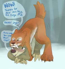 2022 20th_century_fox 20th_century_studios absurd_res anal anal_sex annoyed blue_sky_studios blush claws cold dialogue diego_(ice_age) digital_drawing_(artwork) digital_media_(artwork) duo english_text fangs feline felis feral feral_on_feral feral_on_top field fur grin growling hi_res ice_age ice_age_(series) male male/male male_on_bottom male_penetrated male_penetrating male_penetrating_male mammal nude on_bottom on_top open_mouth orange_body orange_fur outside penetration penile penile_penetration penis pilosan prehistoric_species saber-toothed_tiger sabertooth_(anatomy) sex shaded sid_(ice_age) simple_background sketch sketchy sloth smile snow speech_bubble spoonfulofsuga tail tan_body tan_fur teeth text xenarthran yellow_eyes
