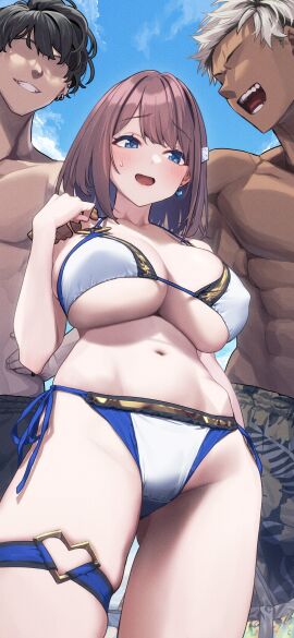 1girls 2boys abs ass_visible_through_thighs baffu bikini black_hair black_shorts blue_eyes blush breasts brown_hair cleavage cloud dark-skinned_male dark_skin earrings faceless_male female grey_hair grin hair_ornament hand_on_shoulder hitoyo_(baffu) large_breasts long_hair male muscular muscular_male navel open_mouth original shorts side-tie_bikini side-tie_bikini_bottom sky smile stomach string_bikini sweat swimsuit teeth thigh_strap underboob underwear