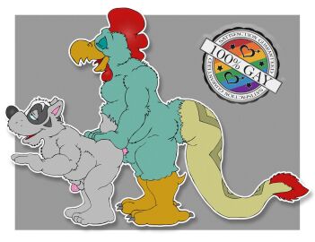 anal anal_sex anthro ass avian beak bird blue_body blue_feathers blue_sclera bruce_(brucebadger) brucebadger chicken duo english_text feathers fur galliform gallus_(genus) genitals grey_body grey_fur grey_nose hand_on_ass hand_on_butt hauke hauke_(character) male male/male open_mouth orange_beak penetration penis phasianid rainbow_colors red_crest stated_homosexuality stated_sexuality teeth_showing text tongue_showing