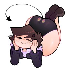 1boy adorable ass brown_hair closed_eyes clothed clothing cute dani_(danielito) danielito demon demon_boy demon_tail femboy femboy_only freckles hair hands_on_face hoodie horn light-skinned_male light_skin male male_focus pose shoes smile solo solo_femboy solo_male sticker stickers tail