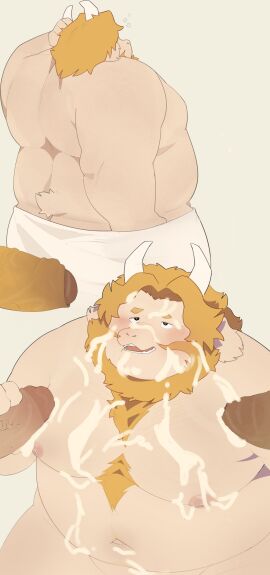 2024 anthro asgore_dreemurr beard belly big_belly bodily_fluids boner bovid bovine caprine cum cum_on_face erection facial_hair genital_fluids genitals goat group haoming hi_res kemono male male/male male_only mammal mature_male moobs nipples overweight overweight_male penis simple_background solo_focus towel undertale undertale_(series)