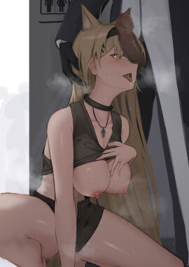 1boy animal_ears arknights bare_shoulders black_collar black_gloves black_hairband blonde_hair breasts breath censored cleavage clothes_lift collar collarbone erection female gloves hair_ornament hairband hairclip hand_on_another's_head highres horn_(arknights) jewelry kneeling large_breasts lifting_own_clothes long_hair long_sleeves male mosaic_censoring nipples pendant penis periory saliva saliva_drip shirt_lift sleeveless standing steaming_body straight tank_top tongue tongue_out variant_set