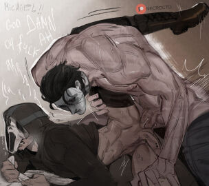 2boys ^^^ abs absurdres anal ass balls bara black_hair black_hoodie black_pants black_pubic_hair boots clenched_hands clenched_teeth clothed_sex clothes_pull commentary crossover cum cum_in_ass dead_by_daylight english_commentary english_text fanart gay gay_male ghostface groin hair_slicked_back halloween_(movie) hand_on_another's_thigh highres hood hood_up hoodie leg_up male male/male male_focus male_only male_penetrated male_penetrating_male male_pubic_hair mask michael_myers motion_lines multiple_boys multiple_males muscular muscular_male necrocto pants pants_around_one_leg pants_pull patreon_logo patreon_username penis pubic_hair scream_(movie) sex sheet_grab sweat teeth testicles veins veiny_arms white_mask yaoi