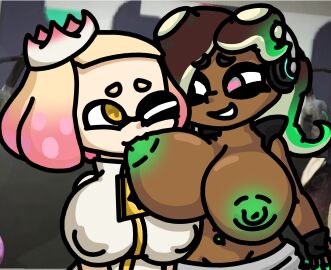 2girls alternate_breast_size background belly_button belly_piercing big_breasts blonde_hair breast_sucking breasts breasts_out breasts_out_of_clothes brown_hair chocolate_and_vanilla clothed clothing crown female female_only giant_breasts green_eyes green_hair green_nipples huge_breasts inkling inkling_girl legokoopa_(artist) looking_at_another marina_(splatoon) marina_ida massive_breasts multiple_females multiple_girls nipple_suck nipples octarian octoling octoling_girl off_the_hook_(splatoon) open_topwear pearl_(splatoon) pearl_houzuki pink_hair pleasure_face pleasured self_upload short_hair shortstack smile smiling splatoon splatoon_(series) splatoon_2 splatoon_3 stomach sucking_nipples suction_cup tentacle tentacle_hair thick_thighs topwear yuri zipper zipper_down