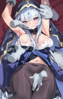 1girls adina_savic armpits arms_up bare_shoulders black_pantyhose black_survival blue_dress blue_eyes breasts disembodied_hand dress eternal_return:_black_survival grabbing_another's_breast grey_hair groping jewelry krabking large_breasts long_hair navel pantyhose sleeveless sleeveless_dress stomach surrounded_by_hands veil