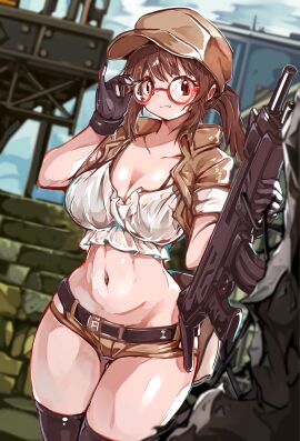 1girls absurd_res belt big_breasts black_thighhighs bra breasts brown_hair cleavage cowboy_shot crop_top curvy female fio_germi glasses gloves gun hat hi_res hip_vent holding_object in-game_background metal_slug micro_shorts midriff navel ponytail red_eyes revealing_clothes rifle round_glasses shorts sidelocks snk solo thighhighs thighs vest weapon wet_shirt yume_no_hana_(sbac0019)