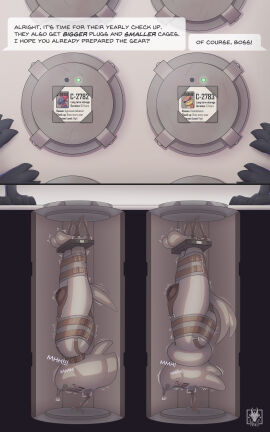 absurd_res anthro asylum bondage bound buizel clothed clothing collar digital_media_(artwork) duo fullbody_suit furry generation_4_pokemon hi_res long_term male male_only n1k0 nintendo pokemon pokemon_(species) restraints sensory_deprivation silo simple_background straitjacket suspension text weavile