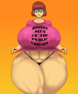 1girls ass ass_bigger_than_head ber00 breasts breasts_bigger_than_head brown_hair busty casual clothed female female_only glasses huge_ass huge_breasts hyper_ass hyper_breasts large_breasts looking_at_viewer mostly_nude nipple_bulge no_bra panties png revealing_clothes scooby-doo shirt short_hair sideass solo teasing text_on_clothing thick_thighs thunder_thighs velma_dinkley wide_hips