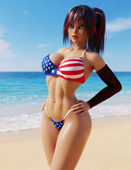 1girls ai_generated american american_female american_flag_bikini beach beachside beautiful beautiful_female bikini black_hair green_eyes hands_on_hips hi_res high_resolution ocean original_character outdoors outside red_hair sexy_female sexy_pose two-tone_hair upscaled