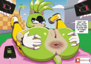 afrosoricid anal anthro anus ass blue_eyes bottomwear bottomwear_down cable cellphone charge_cable charging_battery charging_phone clothed clothing ear_piercing ear_ring electronics female genitals gloves green_body handwear hi_res idw_publishing ike_marshall mammal object_in_ass outside pants pants_down partially_clothed phone piercing presenting presenting_anus ring ring_piercing sega sonic_(series) sonic_the_hedgehog_(comics) sonic_the_hedgehog_(idw) sonic_the_hedgehog_(series) spread_anus spread_butt spreading surge_the_tenrec tenrec vulva