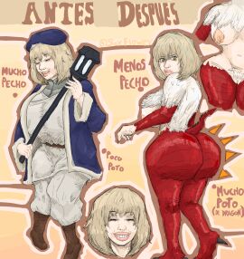 ass before_and_after big_ass big_butt blonde_hair boots breast_reduction breasts breasts_bigger_than_head clothed delicious_in_dungeon dragon_humanoid dragon_tail dungeon_meshi falin_touden falin_touden_(chimera) feathered_dragon feathers female female_only huge_ass huge_breasts magical_girl metamorphosis monster_girl partially_clothed partially_human pubic_hair self_upload short_hair soyflowey spanish_text thick_ass thick_butt thick_lips thick_thighs wide_hips yellow_eyes