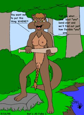 1998 angry anthro baseball_bat bat_(object) breasts brown_body brown_fur clitoral_hood clitoris dialogue english_text eyelashes female forest fur genitals hair half-closed_eyes kthanid_(artist) mammal mustelid narrowed_eyes nipples nude olivia_otter otter outside pink_nose plant ponytail pussy rutwell_forest shrub solo tail text tree yellow_eyes