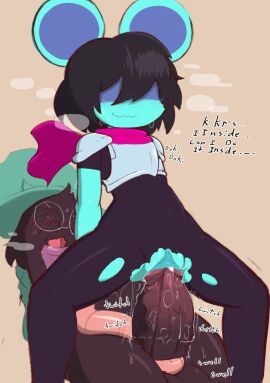 1boy 1cuntboy 2024 anthro big_penis black_fur black_hair blue_skin blush blush_lines blushing bodysuit caprine clothed covering_eyes covering_face cuntboy defunctumbra deltarune dialogue english_text female femboy glasses hair_between_eyes heavy_blush intersex kris_(deltarune) kris_female_(deltarune) male mouse_ears mouse_tail nude nude_male open_mouth penis penis_on_pussy pussy ralsei reverse_cowgirl_position round_glasses smile steam sweat tail tail_around_penis torn_bodysuit veiny_penis wavy_mouth