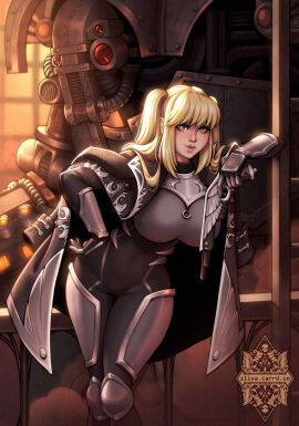 1girls armor big_breasts blonde_hair blue_eyes breasts breasts_bigger_than_head cape fancy fancy_clothing female female_only fully_clothed gun imperium_of_man knight knight_girl long_hair machine machinery mecha metal nobility noble noblewoman pistol royal royalty solo symbol symbols tight_clothing titan_(warhammer_40k) twin_braids twintails warhammer_(franchise) warhammer_40k weapon zliva
